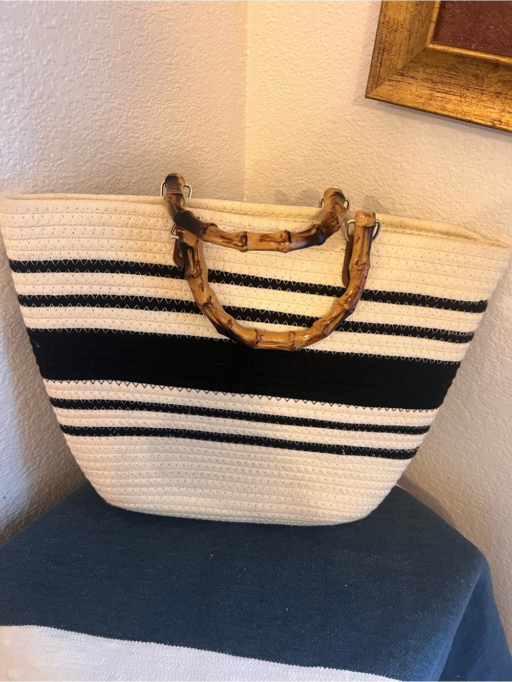 Black & Cream Striped Tote with Bamboo Handles